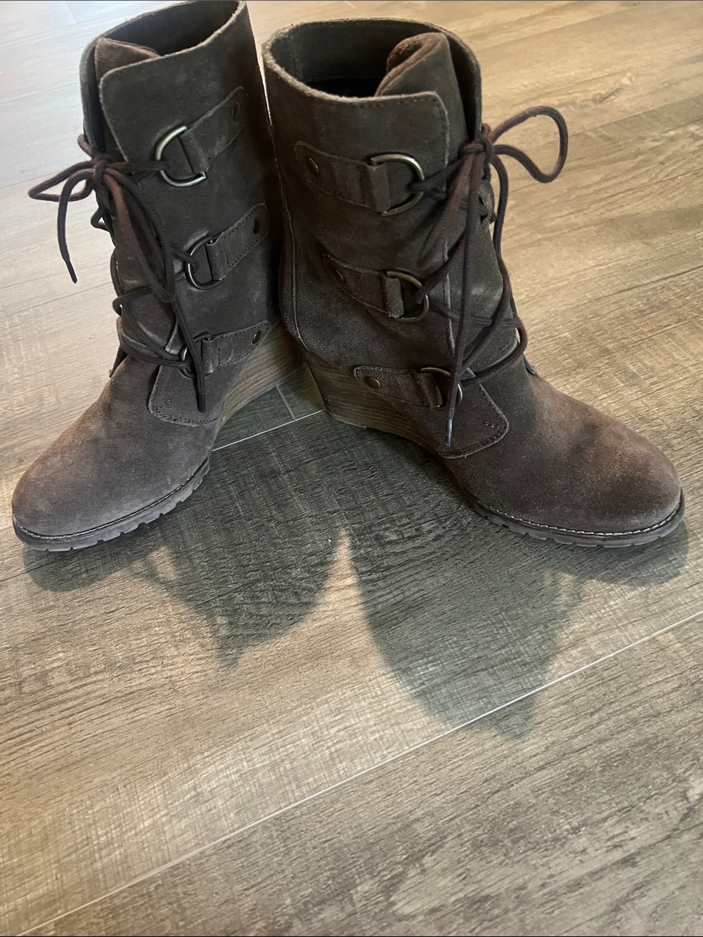 Diba Dark Brown Suede Lace-Up Wedge Ankle Boots